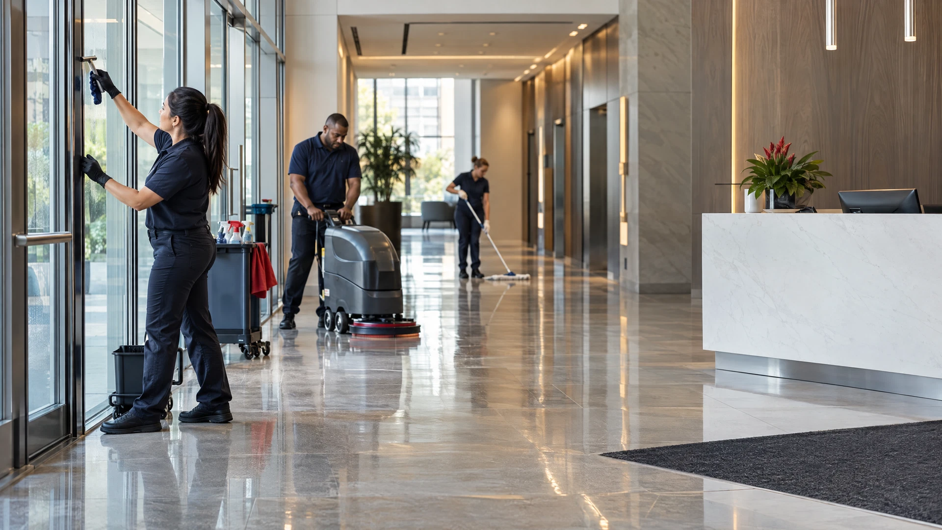 Commercial cleaning team preparing a modern business facility